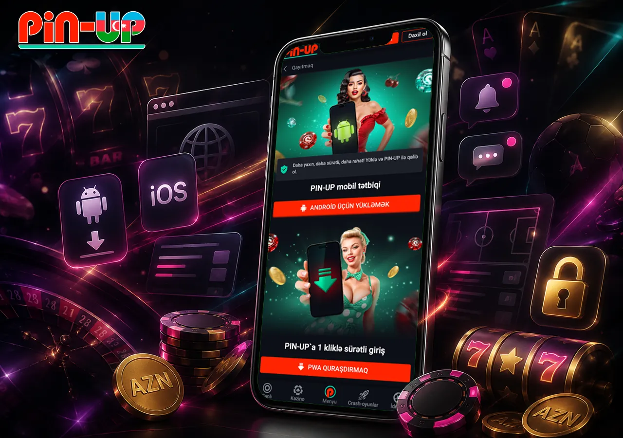 Mobil giriş smartfon, APK, iOS qısayolu və sürətli platforma açılışı ilə göstərilir